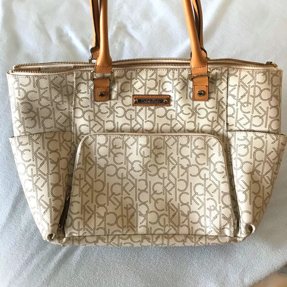 large calvin klein monogram tote - almond